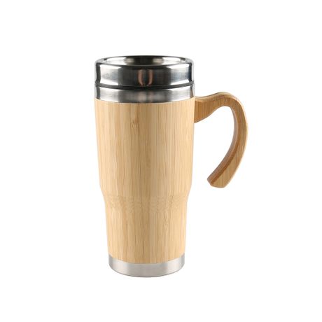 Edelstahl-Bambus-isolierter Vakuum-Autobecher, Reise-Autobecher mit Griffdeckel